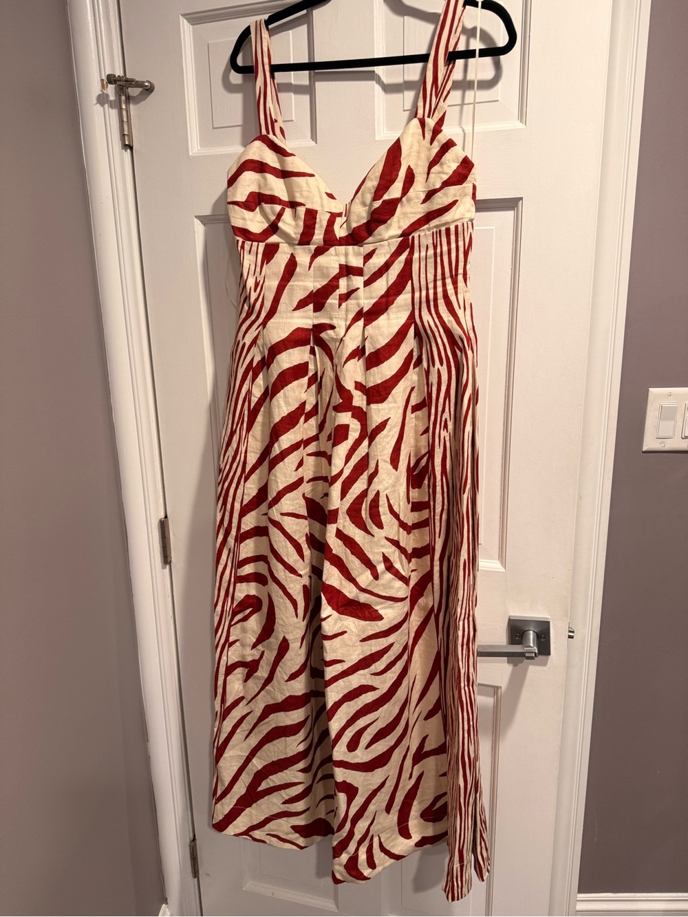 NICHOLAS Red and Cream Zebra-Print Strappy Maxi Dress 100% Linen